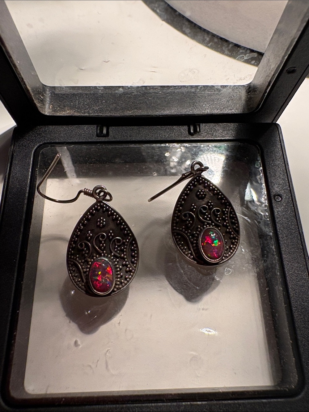 Vintage-Inspired Black Teardrop Earrings with red/orange  Opal Accent
